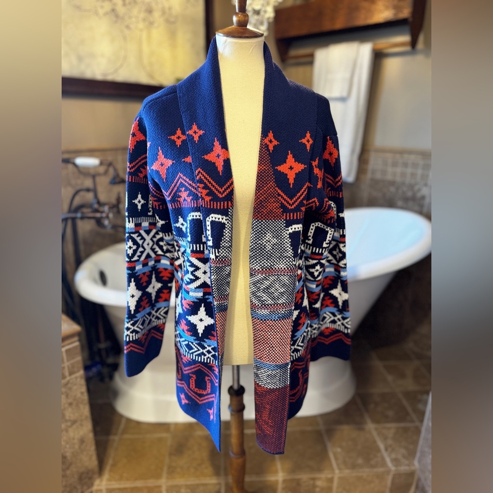 NWT Lucky Brand Geometric Navy and Red Cardigan with horse shoes size large - Picture 3 of 10